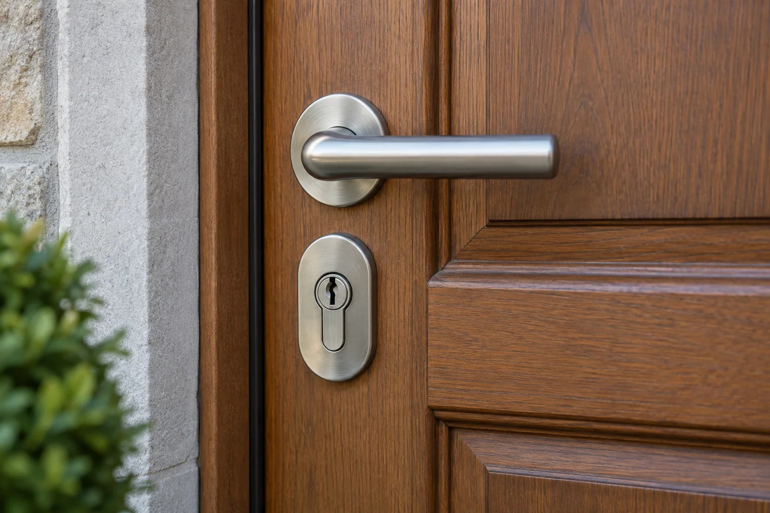 Garniture de protection du cylindre sur une porte d’entrée en bois
