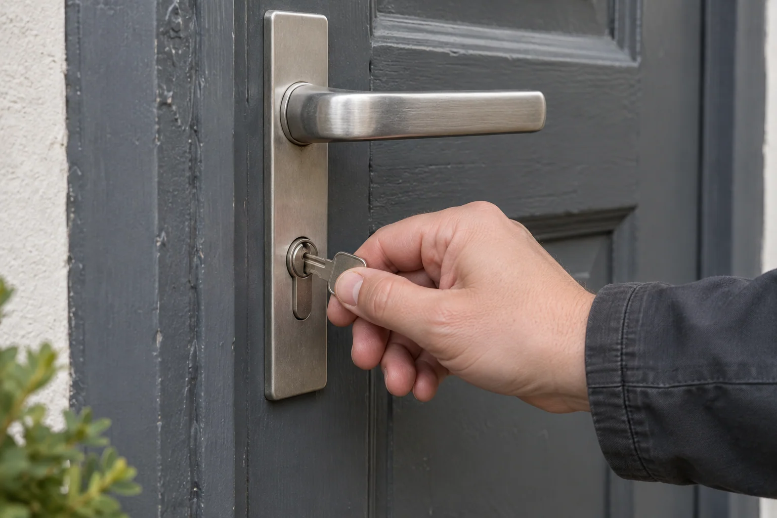 Main vérifiant une clé dans le cylindre d’une porte fermée
